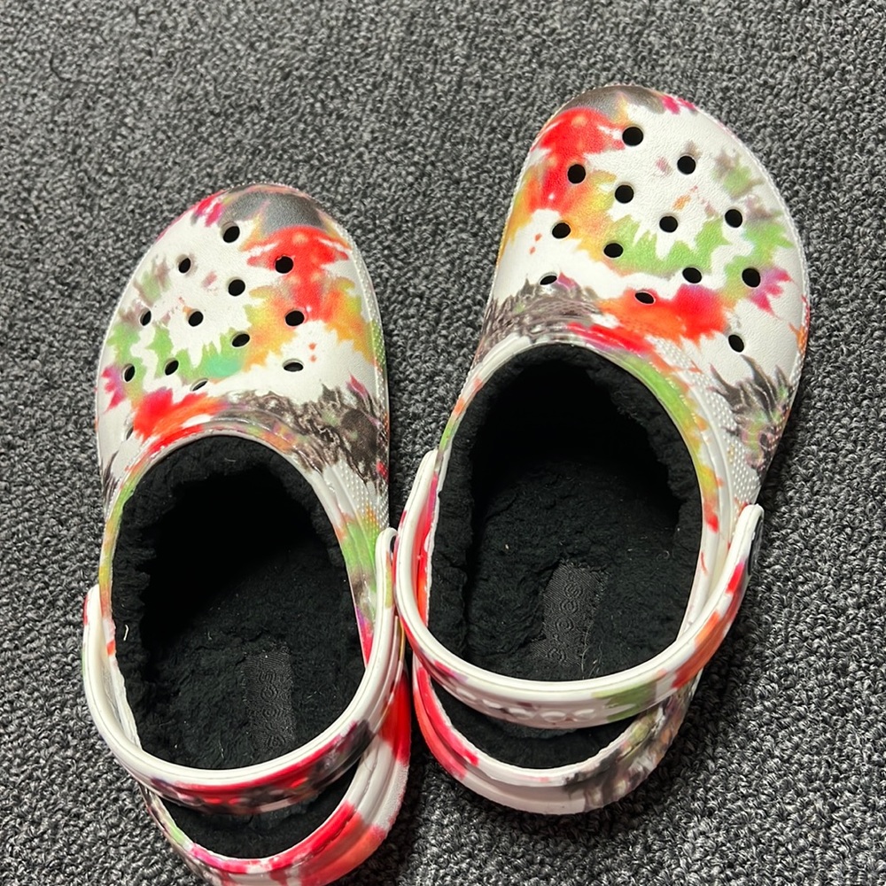 Tie dyed, fleece lined kids crocs, little kid size 12